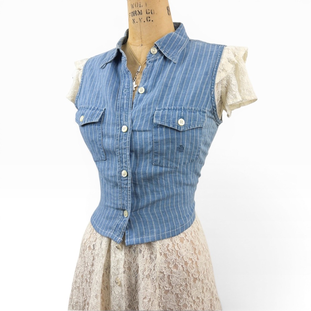 LRL Ralph Lauren Denim Vest Pinstripe Sleeveless Button Down Western Boho Sz 10